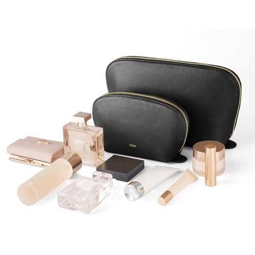 Kattee Leather Makeup Bag Set for Women, 2 Pack, Black - color: Black, size: 2-Pack, Medium+Large