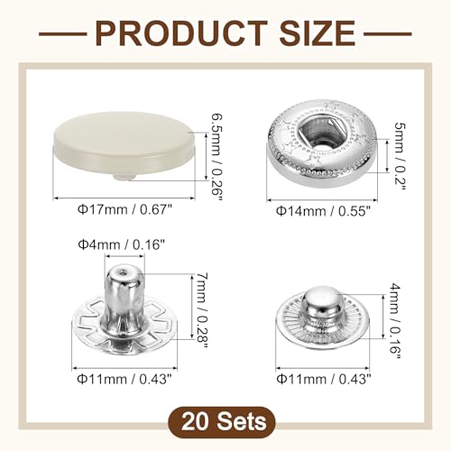 uxcell 20 Set Snap Fasteners, 17mm #831 Zinc Alloy Press Studs Buttons Popper Stud Cap for Clothing Jeans Jackets Leather Sewing Repairing, Beige - color: Beige, size: 17mm