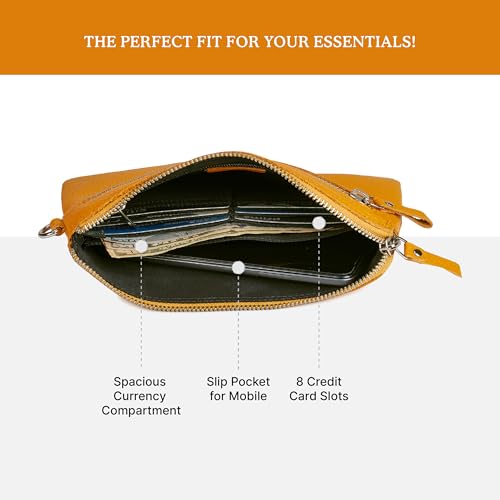Leather Wristlet Wallet for Women Clutch Handbag Purse with Cell Phone Slot | Genuine Top Grain Leather, 8 Credit Card Slots, Detachable Strap, YKK Zipper, Gifts for Women - color: Mustard Nappa