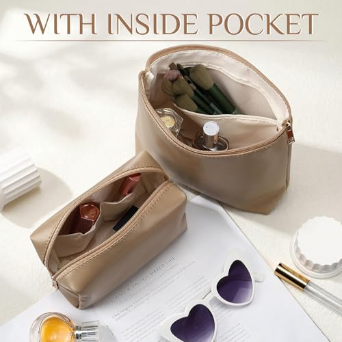 Kigeli 3 Piece Leather Makeup Bag Set Graduation Women Gifts PU Leather Makeup Toiletry Bag Bridesmaid Cosmetic Pouch Small Aesthetic Travel Purse for Wedding Birthday Women Gifts(Khaki) - color: khaki