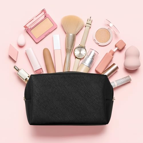 Kigeli Leather Makeup Bag PU Leather Cosmetic Pouch Wide-open Waterproof Toiletry Organizer with Dividers Travel Bag Birthday Valentine's Day Gifts for Women Friend Sister Daughter BFF(Black) - color: Black
