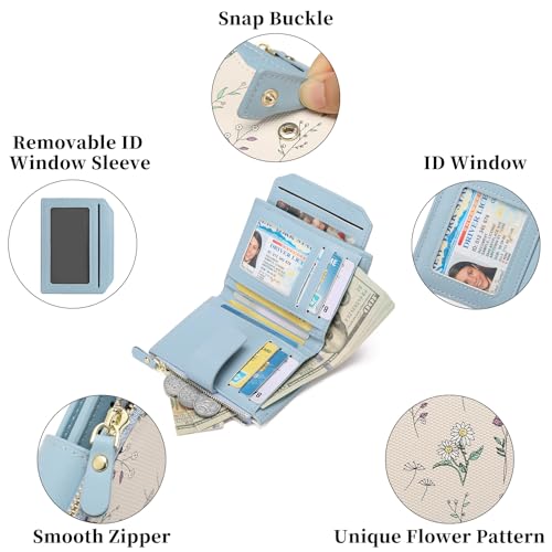 GAEKEAO Small Wallets Woman RFID Blocking Vegan Leather Bifold Floral Ladies Compact Card Holder with Zipper Pocket ID Window - color: B04-Blue