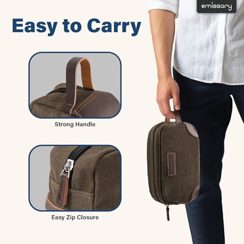 emissary Men's Toiletry Bag, Leather and Canvas Travel Toiletry Bag, Dopp Kit for Men, Travel Bathroom Bag Men's Shaving Kit, Travel Kit Small Bags for Men, Shaving Bag for Travel Accessories (Coffee) | Durable canvas & PU leather, water-resistant lining,