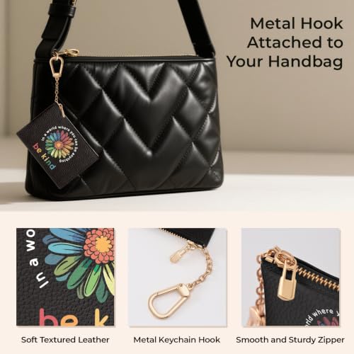 Flower Be Kind Keychain Coin Purse for Women, Small Change Pouch | Cute Key Chain Purse, Little Mini Zipper Pocket, PU Leather, Travel Wallet for Girls, Coin Cash Holder, Key Ring, Women Gifts - color: Be kind
