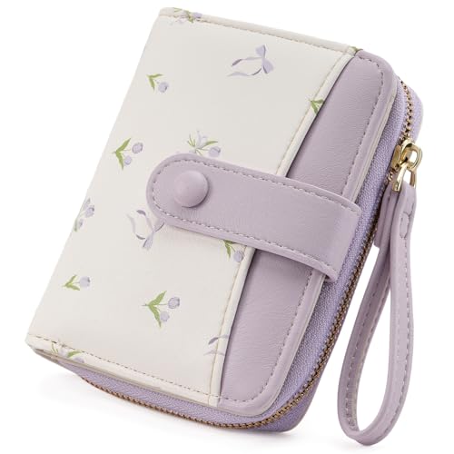 GAEKEAO Small Wallet for Women Vegan Leather Bifold Card Holder RFID Blocking Ladies Purse Floral Pattern with Zipper Pocket - color: Y03-Purple