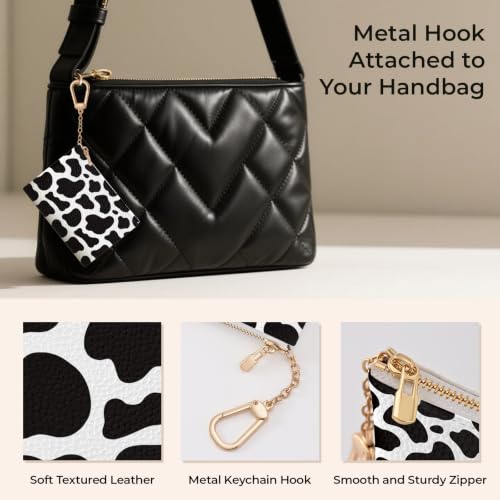 Cow Keychain Coin Purse for Women, Small Key Chain Change Pouch | Cute Zipper Purse, Little Tiny Zip Pocket, PU Leather, Travel Wallet for Girls, Coin Cash Holder, Metal Key Ring, Women Gifts - color: Cow