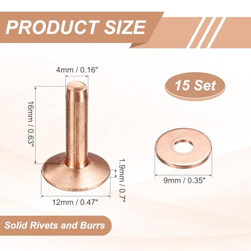 HARFINGTON 15Set Copper Rivets and Burrs Washers 12x4x16mm Dimpled Finish Solid Leather Rivet Fastener Studs Posts for Leather DIY Craft Belts Wallets Collars, Copper Tone - color: Copper Tone, size: 12x4x16mm