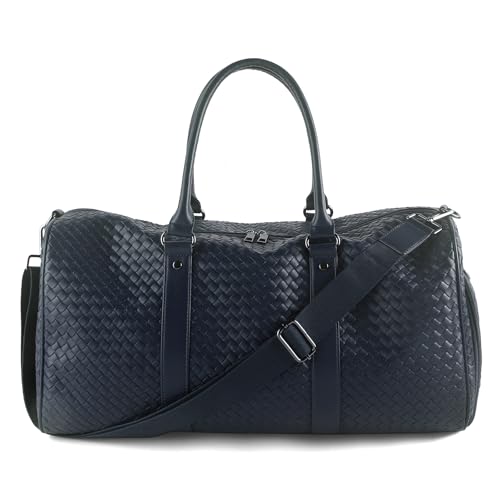 Weekender Bags for Women Woven Leather Travel Duffle Bag Gym Tote (Navy) | Carry On Bag for Men with Shoe Compartment Dry and Wet Separation - color: Dark Blue