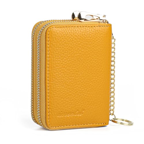 imeetu Rfid Credit Card Holder, Businese Card Case, Wallet for Women Men | Genuine Leather Card Wallet with id Window, Keychain & Double Zipper, Water-resistan Small Wallet with Gift Box, Daily Travel - color: Max - Yellow