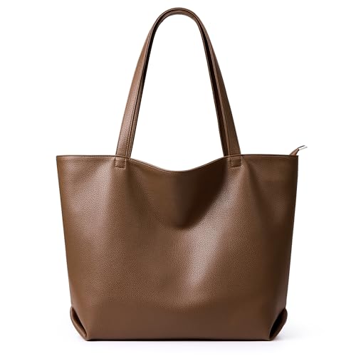 WLLWOO Soft Vegan Leather Tote Bag for Women Large Hobo Zipper Purse | Casual Shoulder Handbags Carryall for Work Daily Weekender Travel Commute - color: Coffee