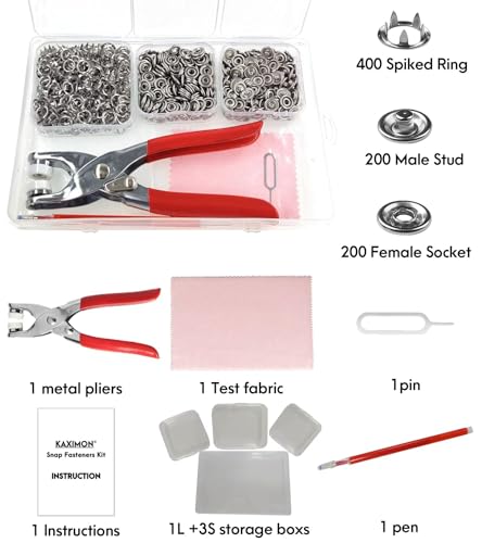 KAXIMON Snap Fasteners Kit 200 Sets, 3/8 inch Clothing Snaps with Tool | No Sew Metal Snap Buttons with Pliers, Stainless Steel Snaps Kit for Soft Sewing Fabric Clothing (Thick up to 1/16 inch)