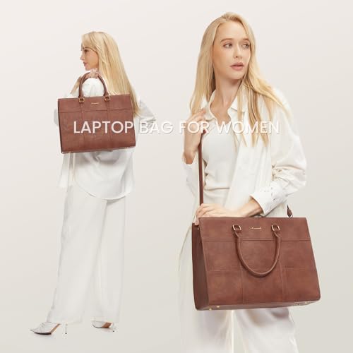 LOVEVOOK Laptop Bag for Women, 15.6 Inch Laptop Tote Bag, Vintage Leather Work Bags for Women, Waterproof Computer bag with Clutch Purse, Large Capacity Briefcase, Business Office Bag | Two-piece set - color: Vintage Brown, size: 15.6 inch