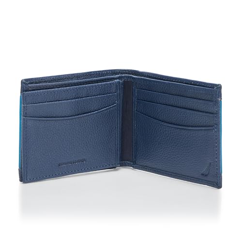 Nautica Men's Bifold Leather Wallet | RFID Blocking | ID Window | Card Slots | Organization | Durable | Stylish - color: Rubber/Leather - Navy