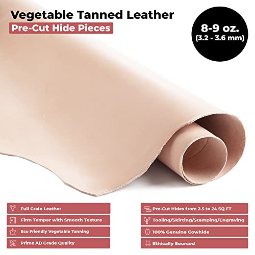 ELW Vegetable Tanned Leather Shoulder Pre-Cut 20-22 SQ FT | 8-9 oz. (3.2-3.6mm) Full Grain Leather Cowhide Craft Hobby Workshop Tooling, Repair, Carving, Dyeing, Engraving, Wet Molding - size: 20-22 SQ FT