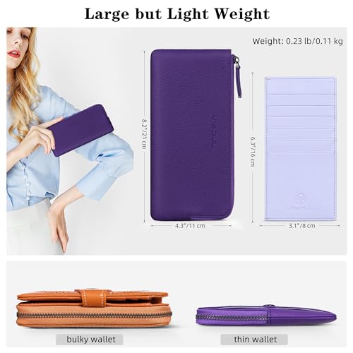 VISOUL Long Zipper Cash Wallet for Women with Removable Credit Card Holder Soft Genuine Pebbled Leather Contrast Color-Purple and Light Purple - color: Purple and Light Purple