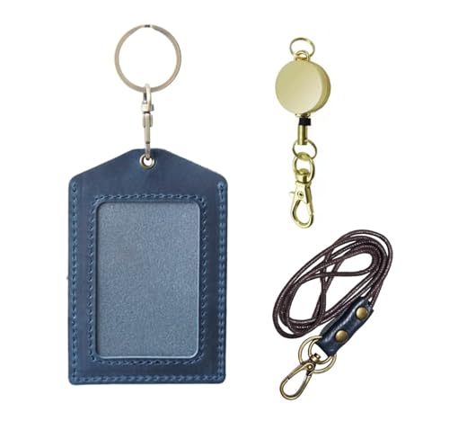 Genuine Real Leather ID Badge Holder with Lanyard & Retractable Reel, Top Grain Leather Vertical ID Holder & Lanyard, Gold Metal Keyring (Blue) - color: 15 Id Holder & Lanyard - Blue