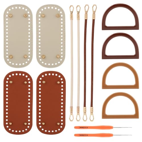 DIY Bags Making Supplies Kit, 4 PU Leather Purse Bottoms +4 Braided Purse-Handles +4 pcs D Shape Purse Handles +2 Crochet Hooks for for Crocheting Bag Handbag Crafting Accessories(COLOR:Multicolor)