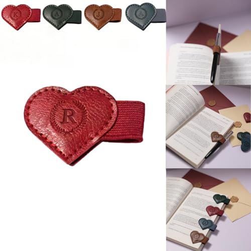 Magnetic Leather Bookmarks with Pen Holder, 26 Letters Name Initial Custom Personalized Heart-Shaped Book Marks for Book Lover Readers, Bygone Cute Leather Bookmark Gift for Women,Girls (Red,R) - color: Red, size: R