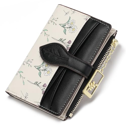 GAEKEAO Small Wallets for Women RFID Blocking Bifold Floral Vegan Leather Wallet Card Holder with Zipper Pocket ID Window - color: A04-Black