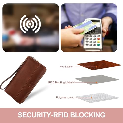 Leather Wristlet Wallet Women With RFID Blocking(brown) - color: a1-brown