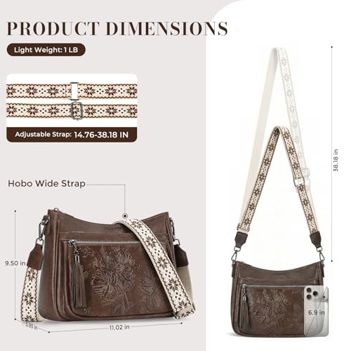 Crossbody Bags for Women, Medium Vegan Leather Purses | Large Capacity Multi-Pocket Embossed Shoulder Bag with Boho Strap for Daily Travel - color: Coffee Brown