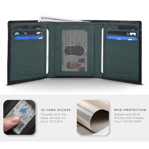Trifold Leather Wallet for Men - RFID Slim Minimalist Front Pocket 6 Slots - color: Black Carbon/Green