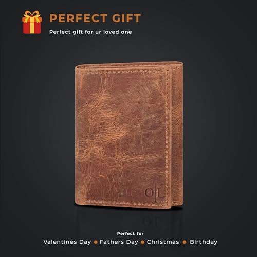 Trifold Leather Wallet for Men - RFID Slim Minimalist Front Pocket 6 Slots - color: Hunter Cognac