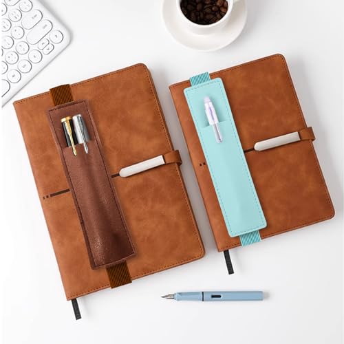 2 Pack Pen Holder for Notebook & Bible Pen Holder Elastic Pen Sleeve | Elastic Sleeve, 18cm (7.09in)-21cm (8.27in), PU Leather for Notebooks, Planners, Journals & Bibles, Brown Light Blue - color: Brown Light Blue