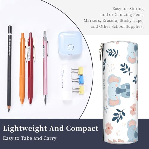 OSAM SPACE Leather Pencil Case Round Pencil Bag Cute Elephant Flowers Pen Organizer Holder Portable Zipper Pouch Cute School Supplies for Girls Boys Study Office - color: Cute Elephant Flowers
