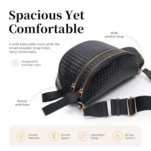Woven Vegan Leather Bum Bag for Women, Crossbody Fanny Pack with Coin Purse | Removable 2-inch-wide strap adjusts to a 14–24.5-inch drop; dual zip compartments, reinforced hardware, 1.1-lb design - color: Black