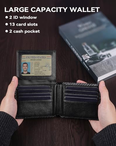 Swallowmall Wallet for Men RFID Blocking Genuine Leather Mens Wallets Bifold with 2 ID Window 13 Card Slots black stripe-417 - color: black stripe-417