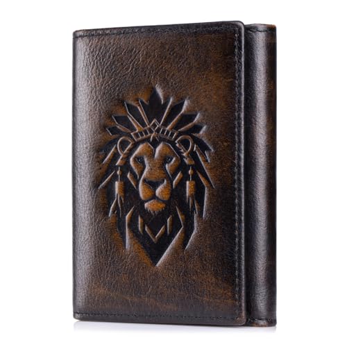 Trifold Wallets for Men RFID Blocking Full Grain Leather Short Mens Wallet with Snap Closure, 8 Card Slots, Clear ID Window, Vintage - color: Vintage