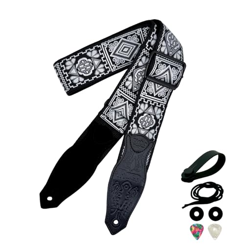 rockyou 2 Inch Woven Jacquard Embroidery Bass Guitar Strap (Monochrome Geometric) | Embroidery, 4 Picks Pocket, Suede Genuine Leather End - color: Monochrome Geometric