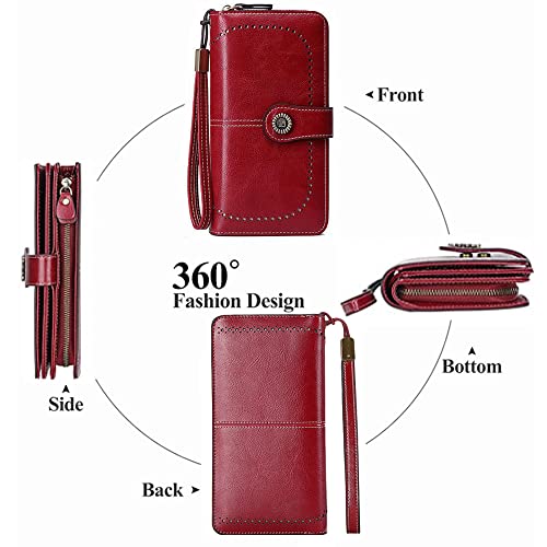 Women Leather Wallet Crossbody Shoulder Bag with Double Zipper and Mobile Phone Purse with Shoulder Strap - color: 660-red