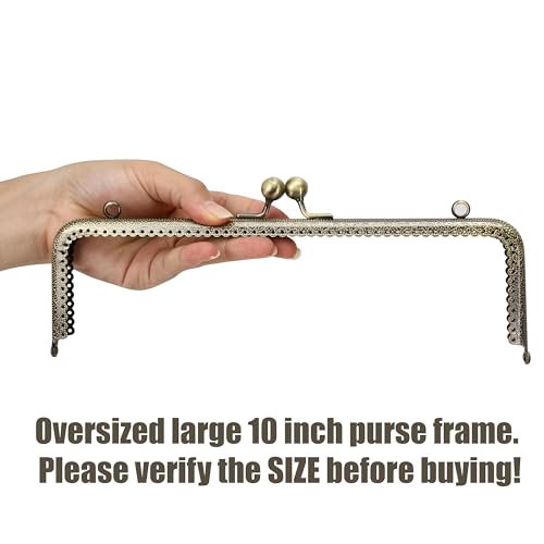 10 Inch Square Kiss Clasp Lock Purse Frame for Bag Making, Vintage Rectangle Metal Latch Clip for DIY Crochet, Fabric, Leather Coin Wallet, Clutch, Pouch & Handbag Crafts, Smooth Open & Close, Bronze