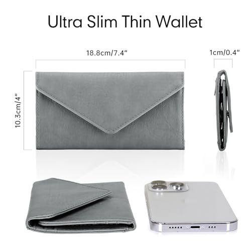 RFID Blocking Trifold Wallet for Women and Men, Vegan Leather Ultra Slim Envelope Style Multi-Card Holder with 2 ID Windows, Zippered Coin Pocket, Grey - color: Grey
