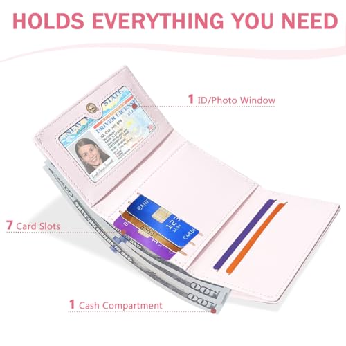 Cute Coquette Bow Small Wallet for Women Girls | Mini Wallet, 7 Card Slots, ID Window, Cash Slot - color: PINK