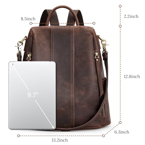 S-ZONE Leather Backpack Purses for Women Antitheft Rucksack Shoulder Bag Medium | Genuine Leather, Medium Fits 9.7-inch Tablet, for Work Travel Daily Commute, Multi Pockets, Adjustable Dual Straps - color: 3-deep Brown