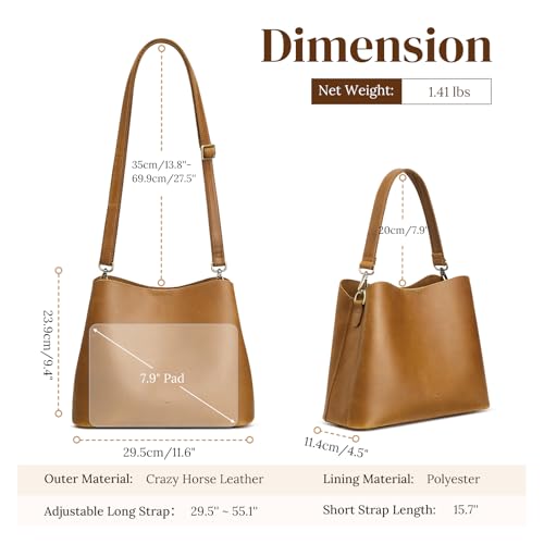 S-ZONE Leather Crossbody Bags for Women Medium Bucket Purses with 2 Straps | Top Grain Leather, Shoulder Handbag, Multi Compartments, Roomy Capacity, Bottom Rivets, for Travel or Daily - color: Light Brown