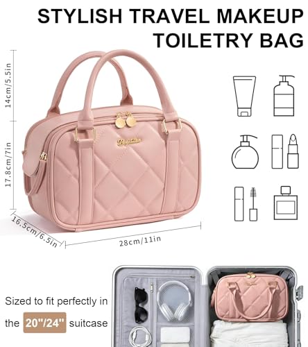 Bagstellar Travel Makeup Bag, Large Capacity Quilted Toiletry Bag for Women Stand-up Cosmetic Bag Open Flat Make Up Case Organizer Portable Pouch Purse w/Handle for Traveling Accessories, Pink - color: Pink
