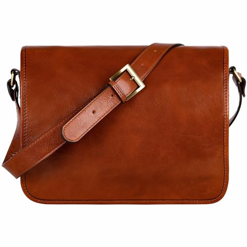 Time Resistance Leather Messenger Bag for Men, Handmade Crossbody Bag, Shoulder Bag Made in Italy - color: Cognac