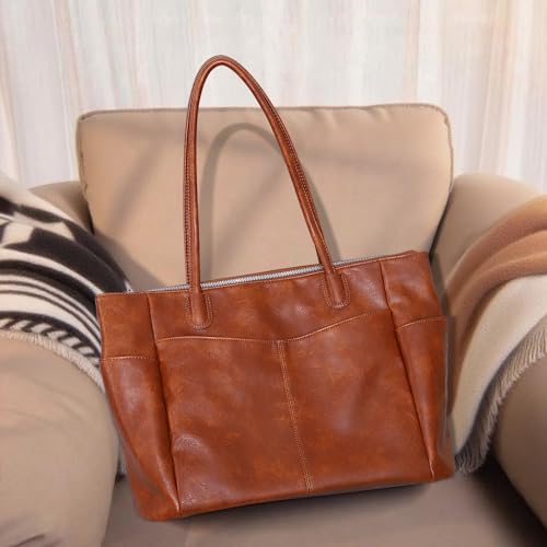 Large Tote Bag for Women Work Vegan Leather 23L Tote Purse Zipper | Ladies Handbags, Weekender Bag, Big Capacity, 2 Side Pockets, Travel, Shoulder Bag with Key Leash, Dating, Shopping, College - color: A1-brown