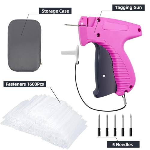 Price Tagging Gun for Clothing, Retail Attacher Tag Gun for Clothes | Standard Clothing Tag Gun Kit with Hard Case, 6 Needles & 1600 1-in Barbs Fasteners (Not Stitch Gun) - color: Pink