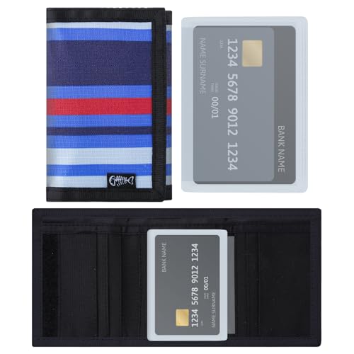 Men’s Nylon Trifold Wallet with 6 Page Wallet Insert, Ultra Thin and Security Wallet with ID Window for Card Cash Holder, Modern Fashion Purse Gifts for Teen Boys Men Women -Line DarkBlue - color: 24017 Line-DarkBlue
