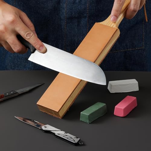 Double Side Leather Strop for Knife Sharpening - 14"x 2" Stropping Block Kit with Polishing Compound, Knife Strop with Ergonomic Handle for Honing Knives, Woodworking Chisels