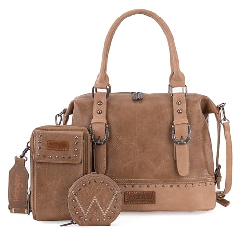 Wrangler 3Pcs Doctor Bag Sets for Women Top-handle Satchel Bag with Cell Phone Handbag and Coin Purse - color: Eye-catching Khaki