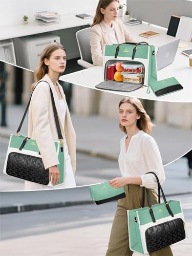 MATEIN 15.6 Inch Lunch Bag, Laptop Tote with Lunch Compartment for Women | PU Leather Computer Handbag, Water Resistant Shoulder Bag for Women, Office Business Gift, Teacher Nurse Office Tote, 2 Sets - color: Green