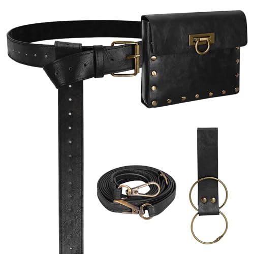 Renaissance Belt Pouch Medieval Pirate Costume Accessories Set for Cosplay | Viking Faux Leather Waist Bag, Skirt Hike Clips, Perfect for Women and Men Ren Faire, LARP, Fantasy, Halloween - color: Black-J