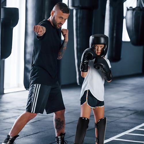 Arrowbash 5 Pcs Boxing Guards Set for Kids with Sparring Headgear, 6oz Boxing Gloves and Leg Shin Guards Wrestling Headgear for Youths Teens Boys Girls Kickboxing Karate Muay Thai BJJ Training - color: Black