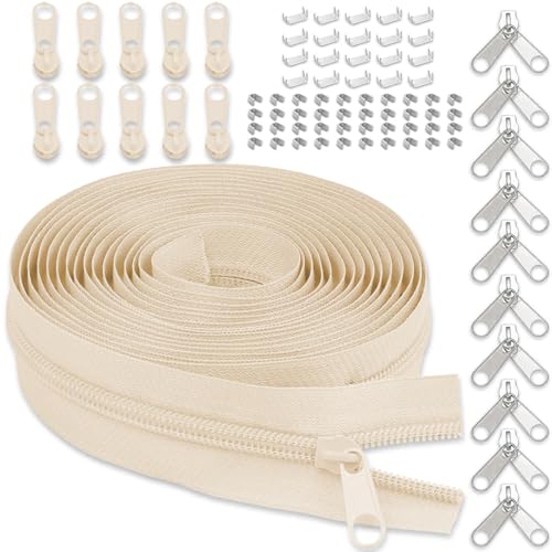 #5 Nylon Zipper Tape for Sewing: YZSFIRM 10 Yards Beige by The Yard Nylon Coil Zippers for DIY Sewing Craft with 10 Bulk Metal Zipper Slider and 10 Double Slider - color: 104 Beige, size: #5 Zipper